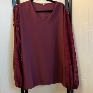 Shein V-neck Blouse with  Chiffon Loose Pom-Pom Long Sleeve in Maroon Si…